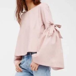 Free People So Obviously Yours Bell Flare Sleeve Top Rose Pink Button Back XS